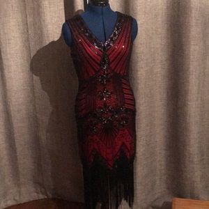 Beaded and tasseled red flapper dress costume